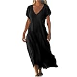 Womens Short Sleeve Cotton Linen Dresses Summer Beach V Neck Casual Boho Loose Ankle Length Long T-Shirt Dress
