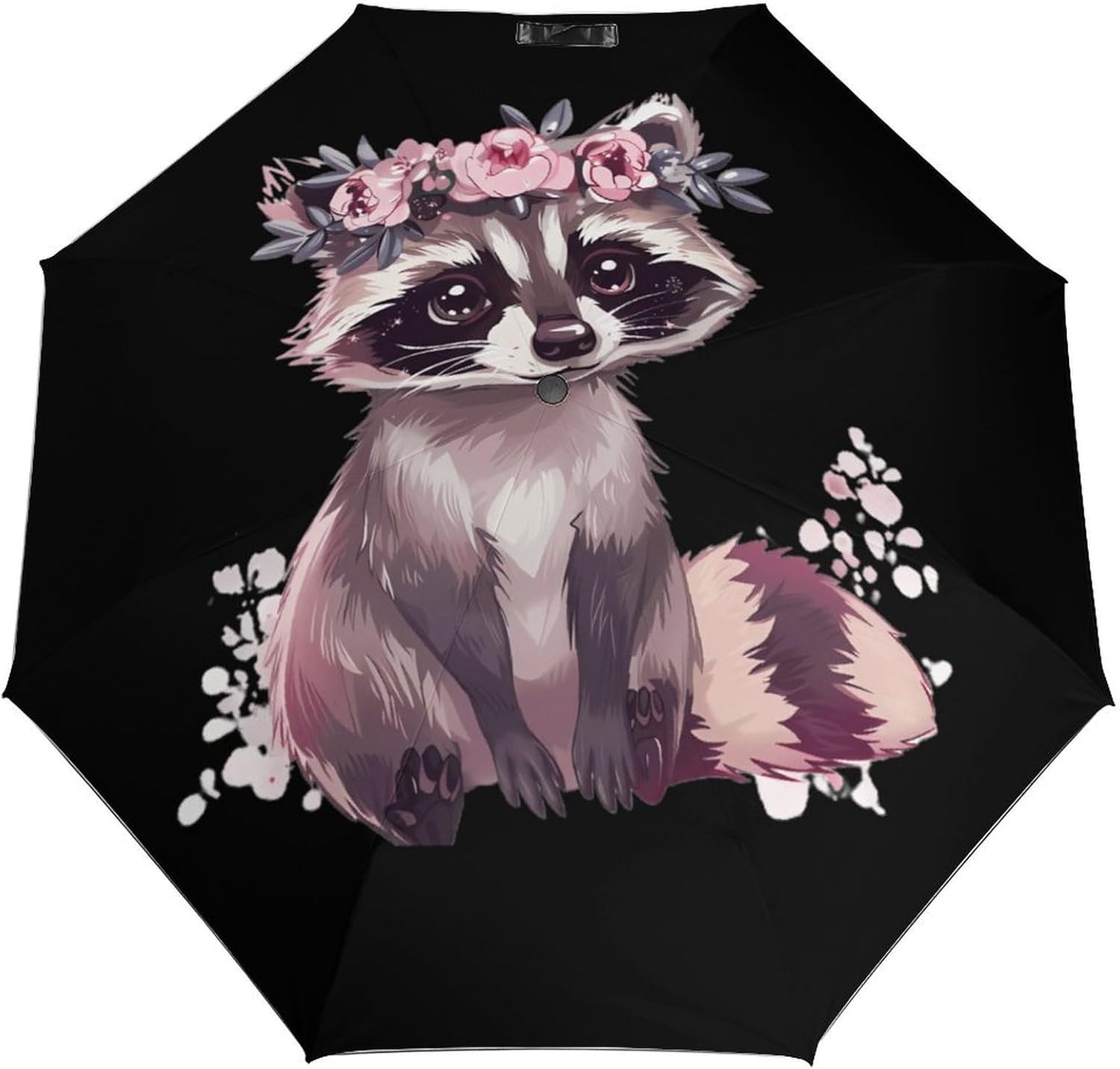 Cute Raccoon with Flower Portable Funny Umbrella For UV Rain Windproof Folding Umbrellas