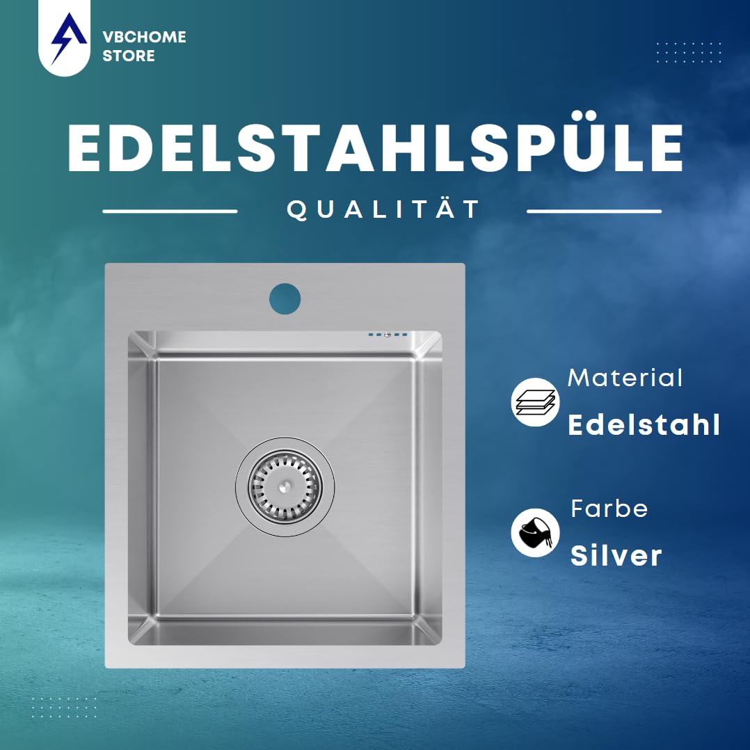 VBChome Edelstahlspüle mit Armatur 40 x 45 cm Gebürsteter Edelstahl Einbauspüle mit Hahnloch Edelstahl Küchenspüle Spüle Groß Becken Ablaufgarnitur Siphon Edelstahlspüle Armatur mit flexiblem Auslauf