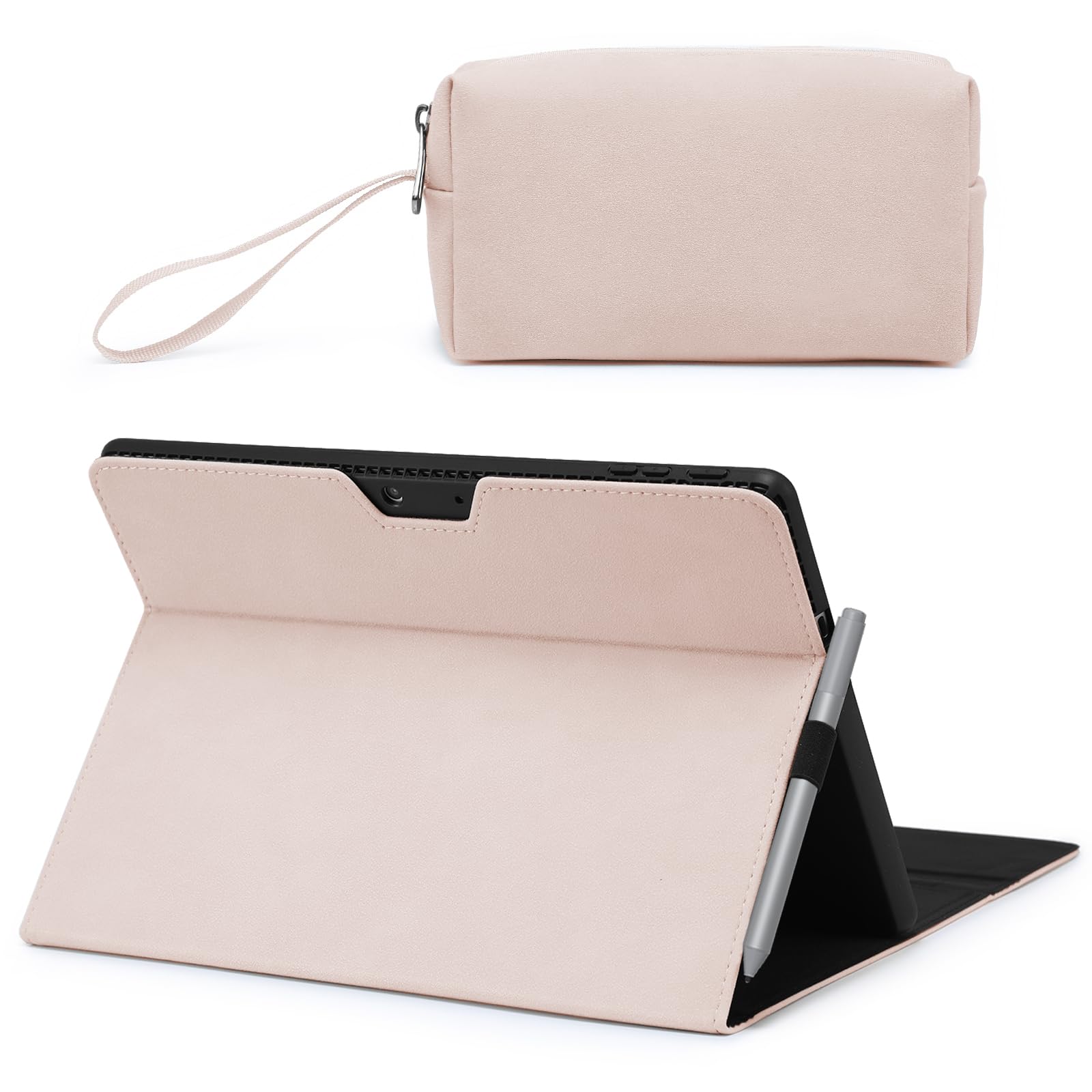 HYZUO Protective Case for Surface Pro 11/10/9, Multi-angle Viewing Folio Stand with Stylus Holder, Compatible with Type Cover Keyboard, with Pouch, Apricot