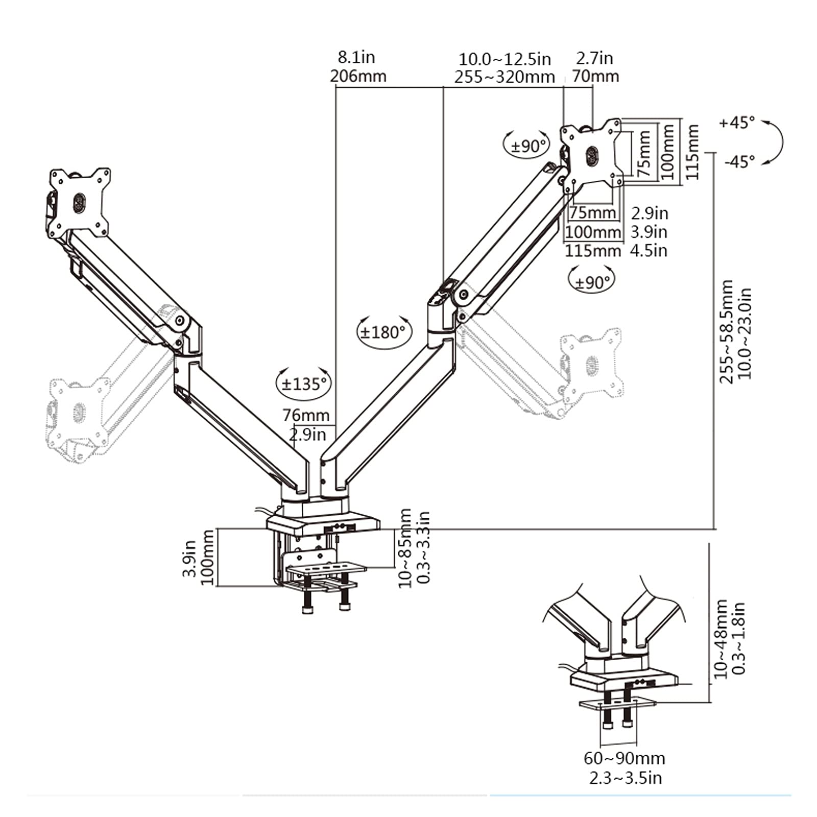 Ramię do monitora, gazowe, podwójne ramię do monitora, sprężyna gazowa, uchwyt do monitora, 2 ekrany LCD, długie ramię, uchwyt do monitora z 2 portami USB, udźwig do 15 kg, biurko do monitora M