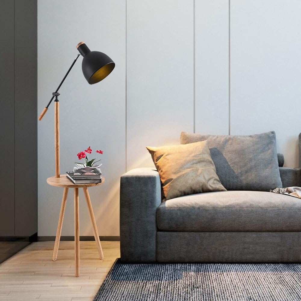 Lampadaire avec table en rondins bois trépied minimaliste de salon