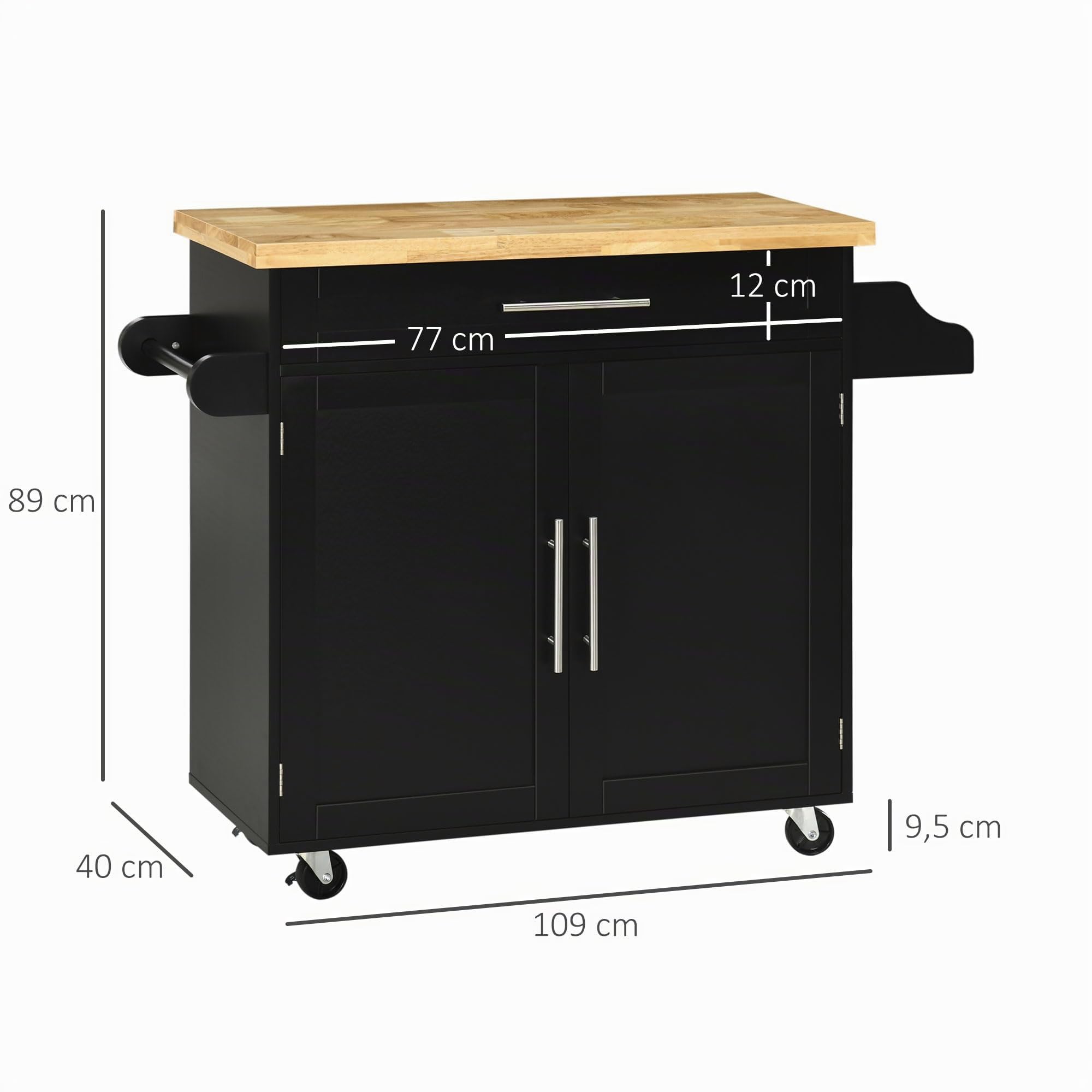 HOMCOM Chariot de cuisine avec plan de travail, chariot de cuisine avec étagère à épices, porte-serviettes pour salon, salle à manger, noir, 109 x 40 x 89 cm