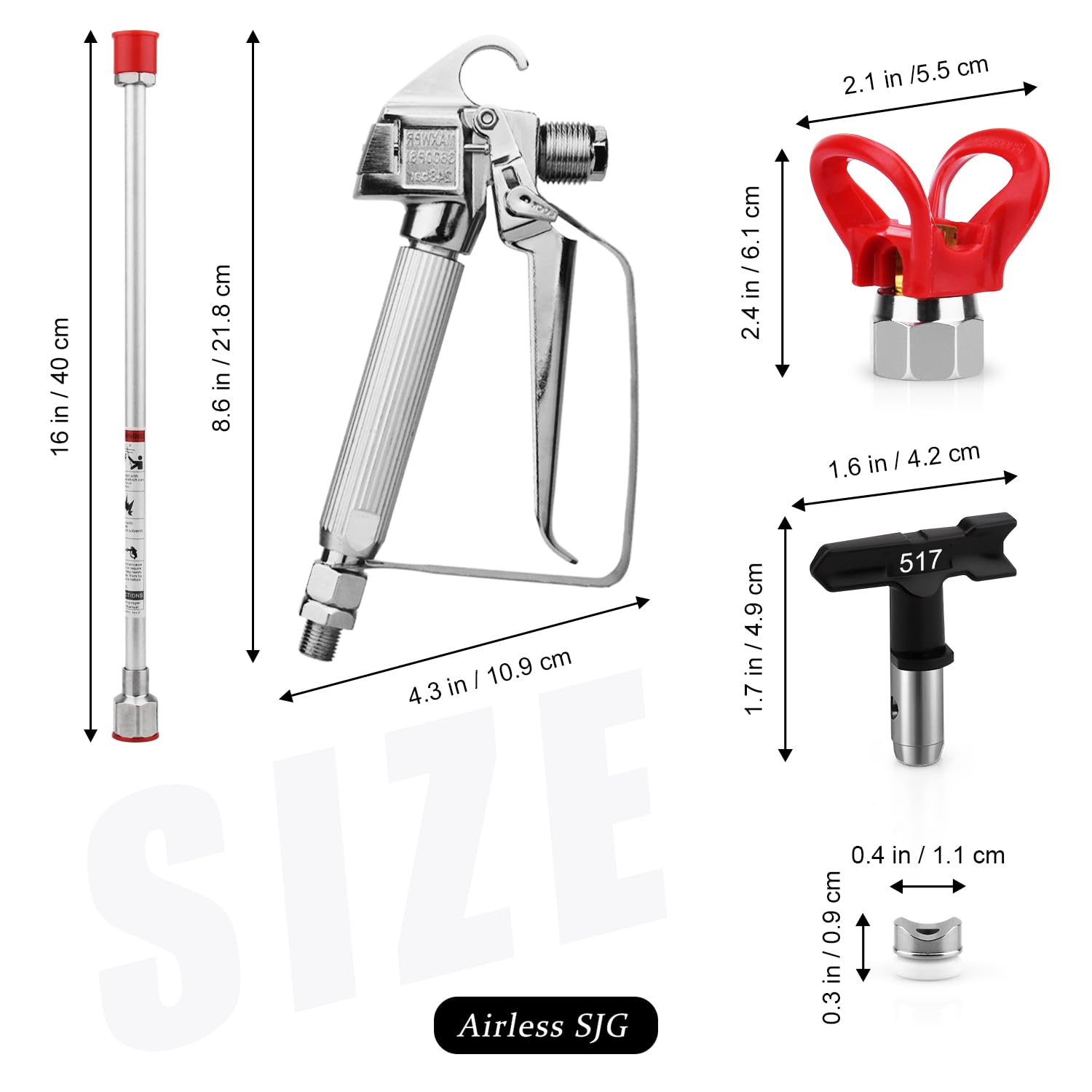 Airless SJG Pistola de pintura sin aire, con 5 filtros de pistola de pulverización sin aire de malla 60, un soporte de boquilla rojo, un poste de extensión de pintura de 16 pulgadas y 5 puntas de