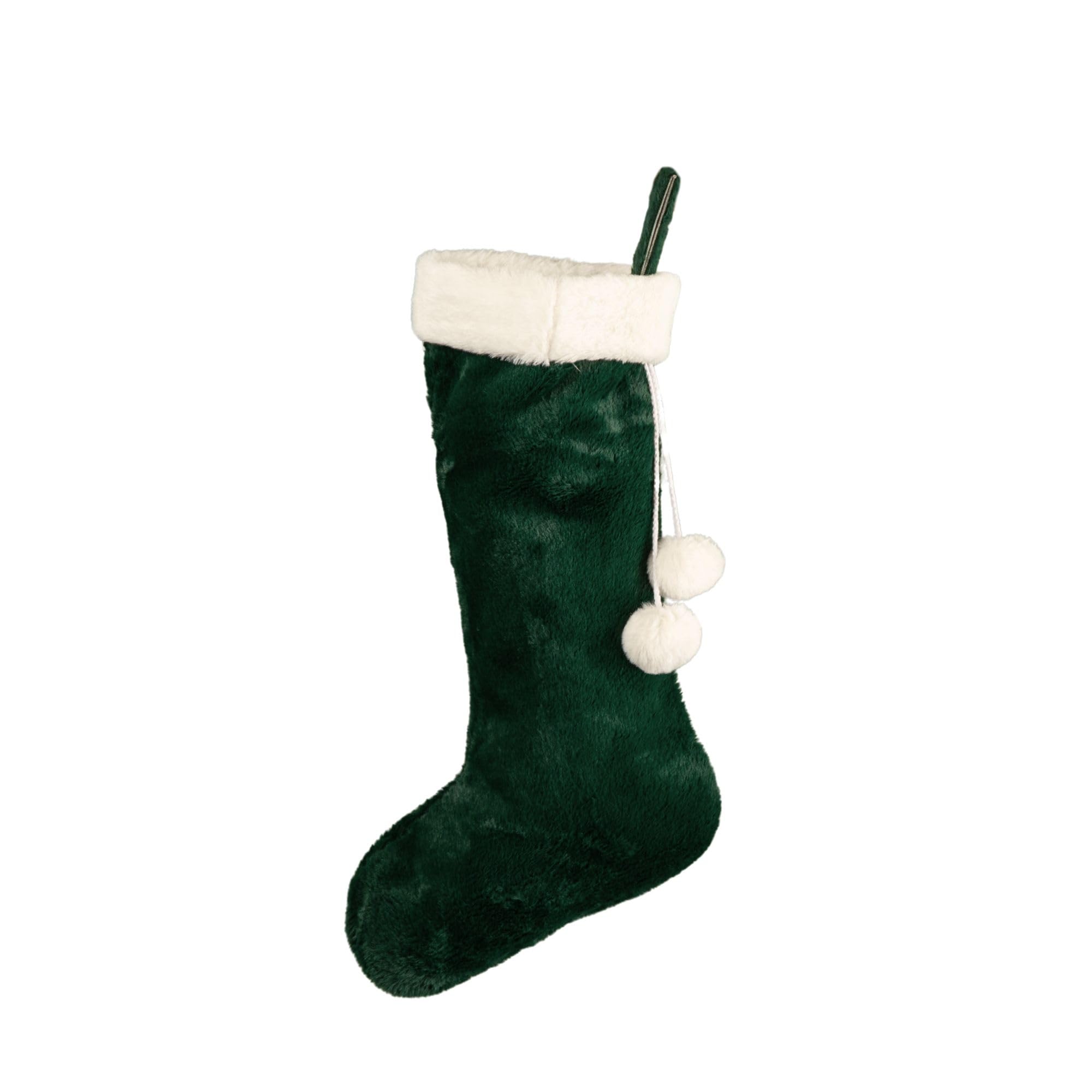 Samuel ALEXANDER 60cm Green Christmas Stocking with White Cuff and Pom Poms – Large Festive Holiday Stocking for Gifts and Decoration