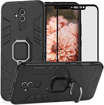 for Huawei Mate 20 Lite Case, 2 in 1 Hybrid Heavy Duty Armor Shockproof Defender Kickstand Dual Layer Bumper Hard Back Case Cover Tempered Glass Screen Protector,Black