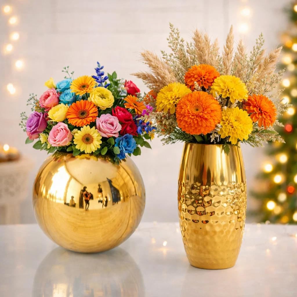 SPHINX Metal Flower Vase for Home Decor, Decorative Table Vase for Artificial Flowers, Hammered & Round Modern Metal Vase Set of 2 for Living Room, Dining Table, Office, Centerpiece Decoration