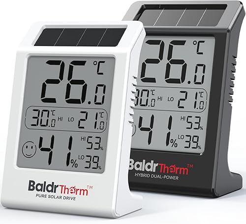 BaldrTherm Termómetro para interiores, medidor de humedad, paquete de 2 termómetros de habitación con energía solar, sensor de temperatura digital