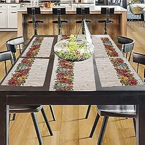 PRAKARTIK BY INDUARTS 100% Cotton Yellow Red Roses Border Rectangular Dining Table mat with Runner. Yellow (Set of 4 + 135 cm Runner)