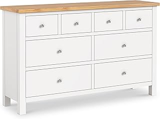 Farrow XL White 8 Drawer Chest of Drawers for Bedroom with Oak Top | Roseland Furniture Large Wide Contemporary Painted Solid Wood Storage Unit with 5 Draws | Ready Assembled