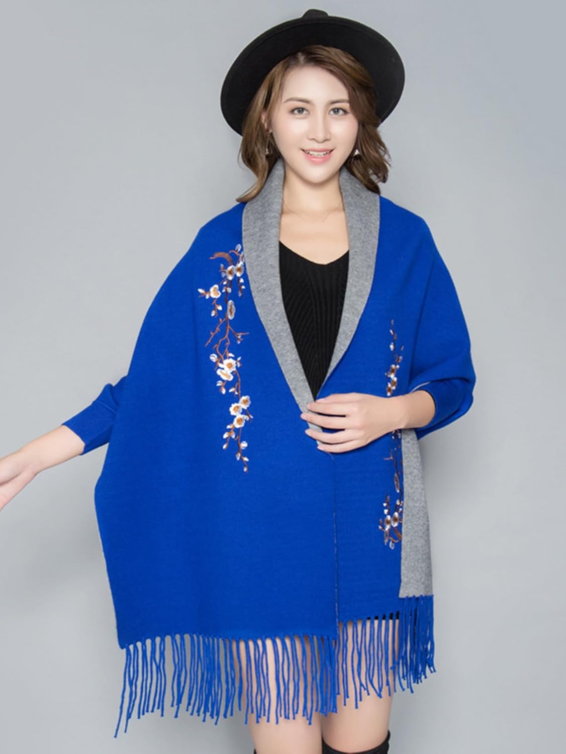 [ZWYM] レディース 袖付きストール 厚手アウター フリンジ付き カーディガン 優雅 気質 バイカラー 刺繍 大判 マフラー ロ
