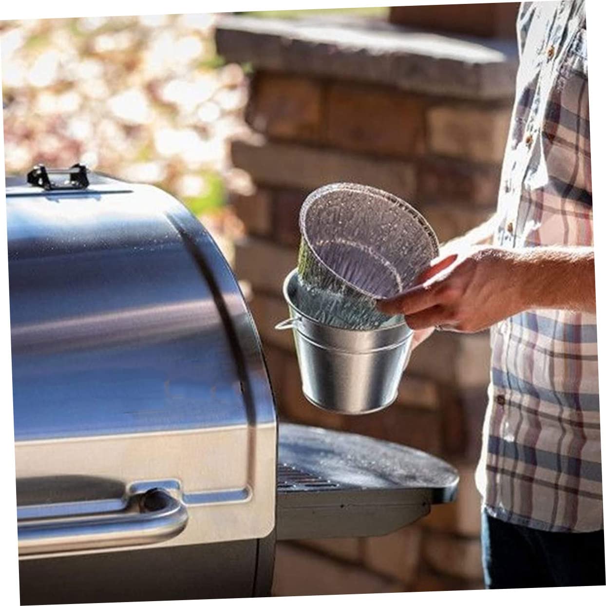 Abaodam Secchio Raccogli-Grasso BBQ in Ferro con 10 Rivestimenti | Argento, Aderenza al Contenitore, Facile da Trasportare, per Campeggio e Grigliate
