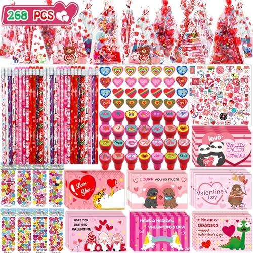 268pcs Valentines Day Gifts for Kids Classroom 28 Pack Valentines Goodie Bags Stuffers Valentine Card Gift for Kid Valentine Classroom Party Favors Prizes for Kids Girls