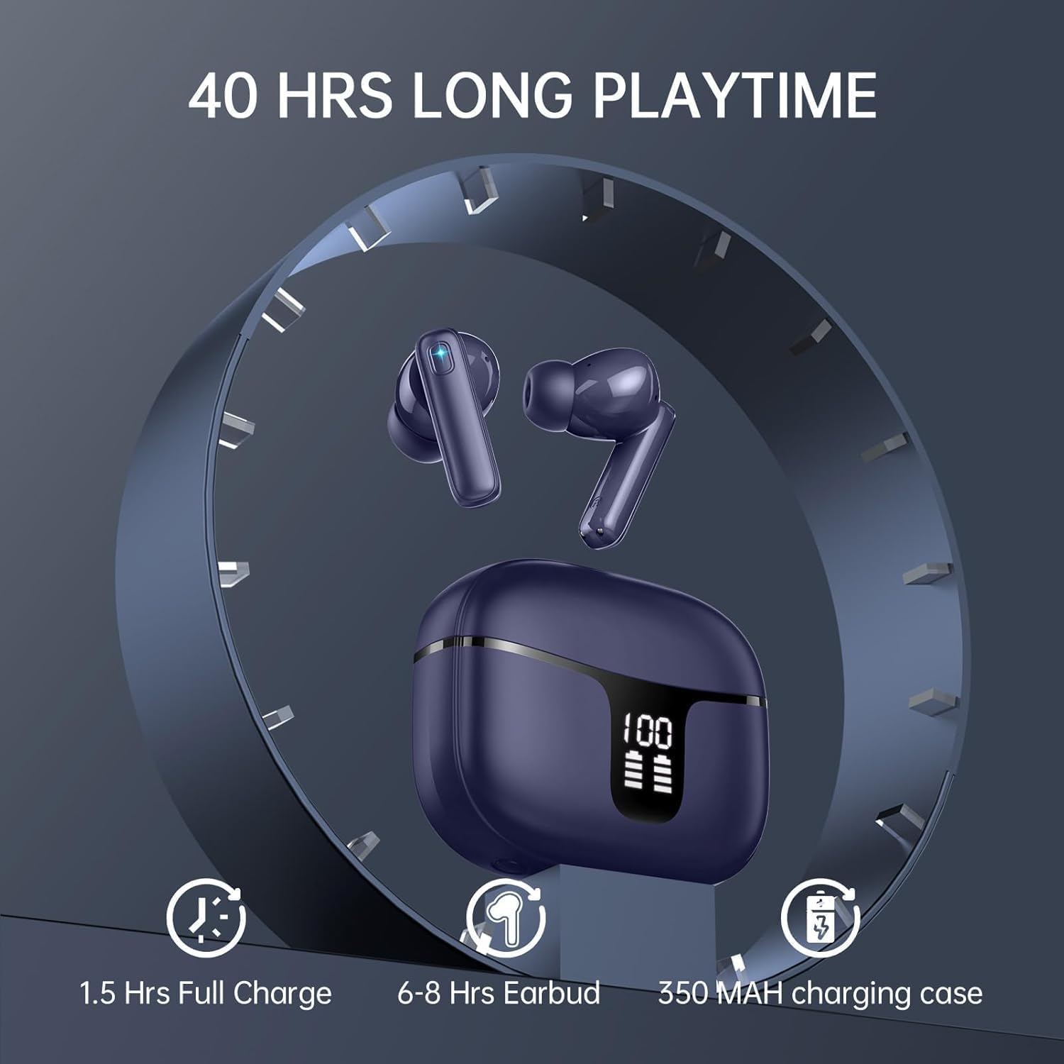 Cuffie Bluetooth 5.3, Auricolari Bluetooth con HD Mic Stereo HiFi, 2025 Cuffie Wireless In-Ear 40H LED Display Cuffiette Sport IP7 Impermeabili Touch Control, Auricolari Senza Fili per Android/iOS Blu - Vista 5