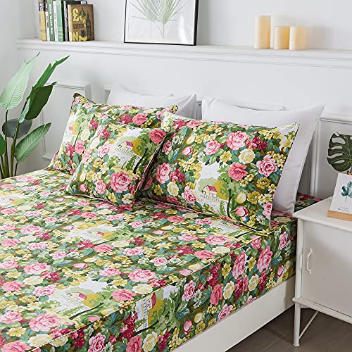 Fadfay Shabby Floral Sheet Set King Size 100% Cotton Soft Vintage Garden Flower Green Leaves Bed Sheet Elegant Pink Peony Rose Cottage Printed Deep Pocket Fitted Sheet 17.5 Inch 4 Piece #TOP6