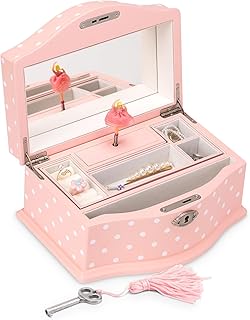 Elle Jewelry Box - Ballerina Jewelry Organizer and Swan Lake Wind-Up Music Box for Girls and Teens, Accessories and Keepsake Wooden Storage with Lock and Mirror, Charming Room Decor and Gift, Large