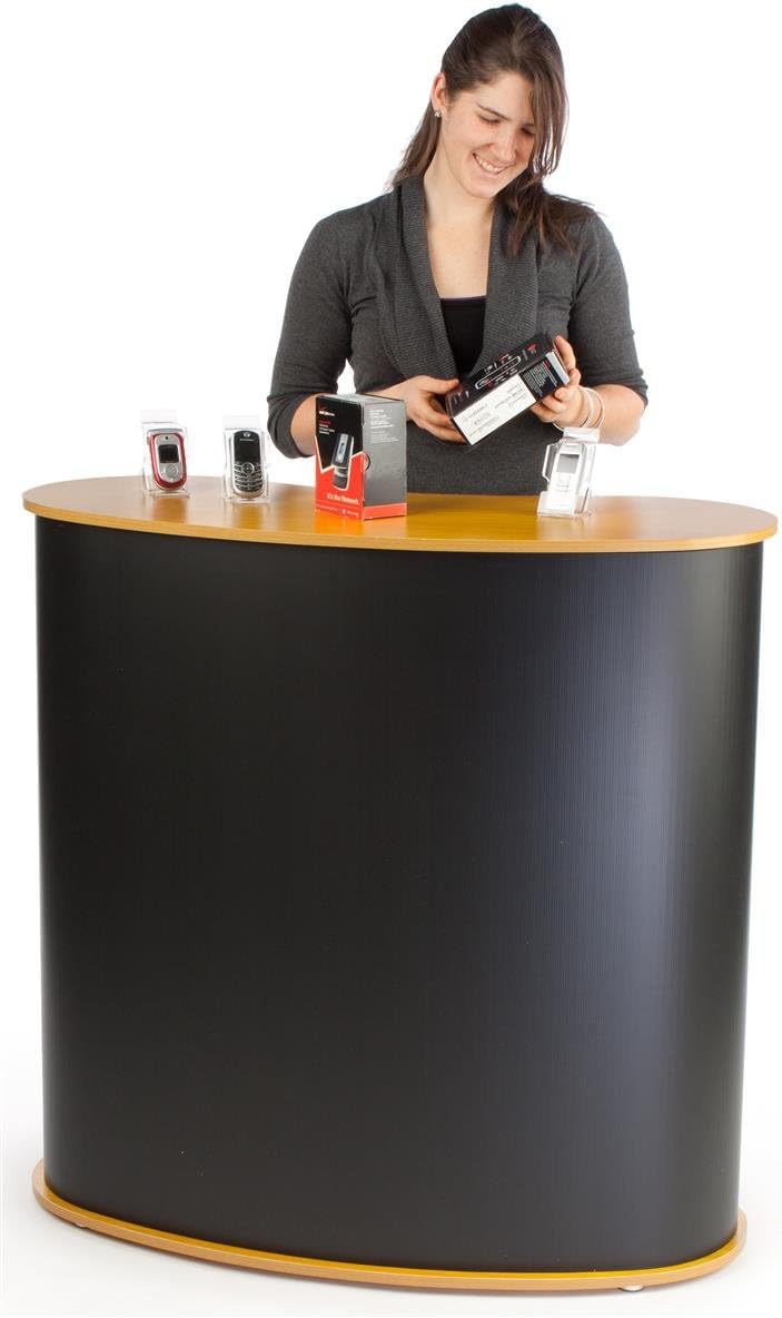 Pop-up Podium Counter with Kidney Bean Shaped Wood Grain Table Surface and Black Body - Portable Design, No Tools Required! (TSPCL02WD)