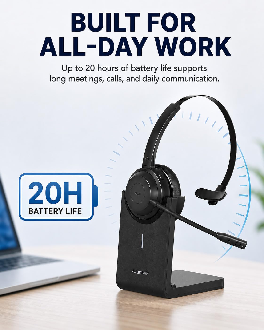 Avantalk Alto Solo – Bezprzewodowy zestaw słuchawkowy z mikrofonem do pracy. Qualcomm Bluetooth, redukcja szumów CVC, stacja ładująca, przycisk wyciszenia. Możliwość użycia przewodowego.