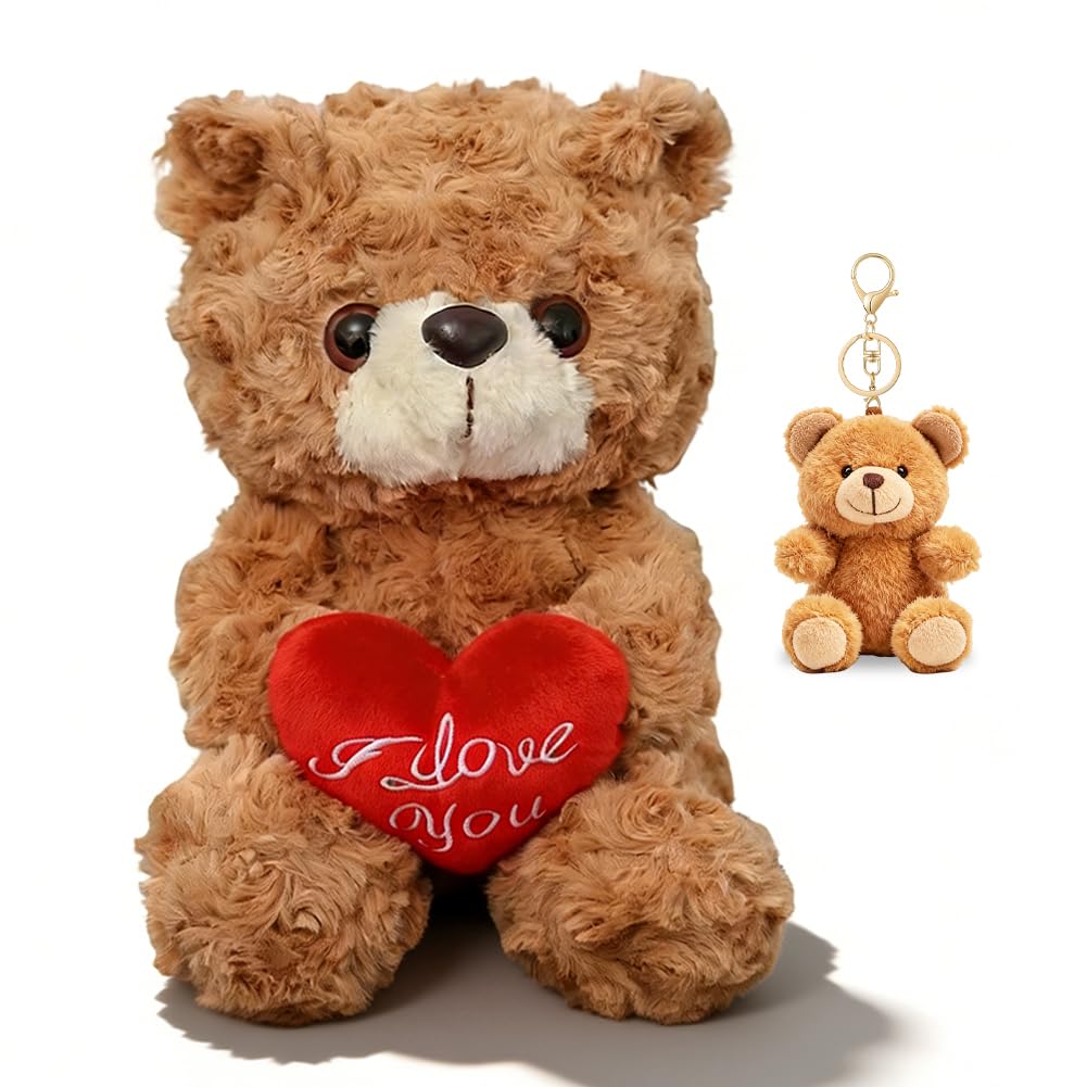 Plush Bear With Heart Red - I Love You - 20 cm Bear Plush Soft Stuffed Bear Cuddly Toy with Bear Keychain Keyring Adorable Valentine’s Gifts for Girlfriend Her Anniversaries Birthdays- Light Brown