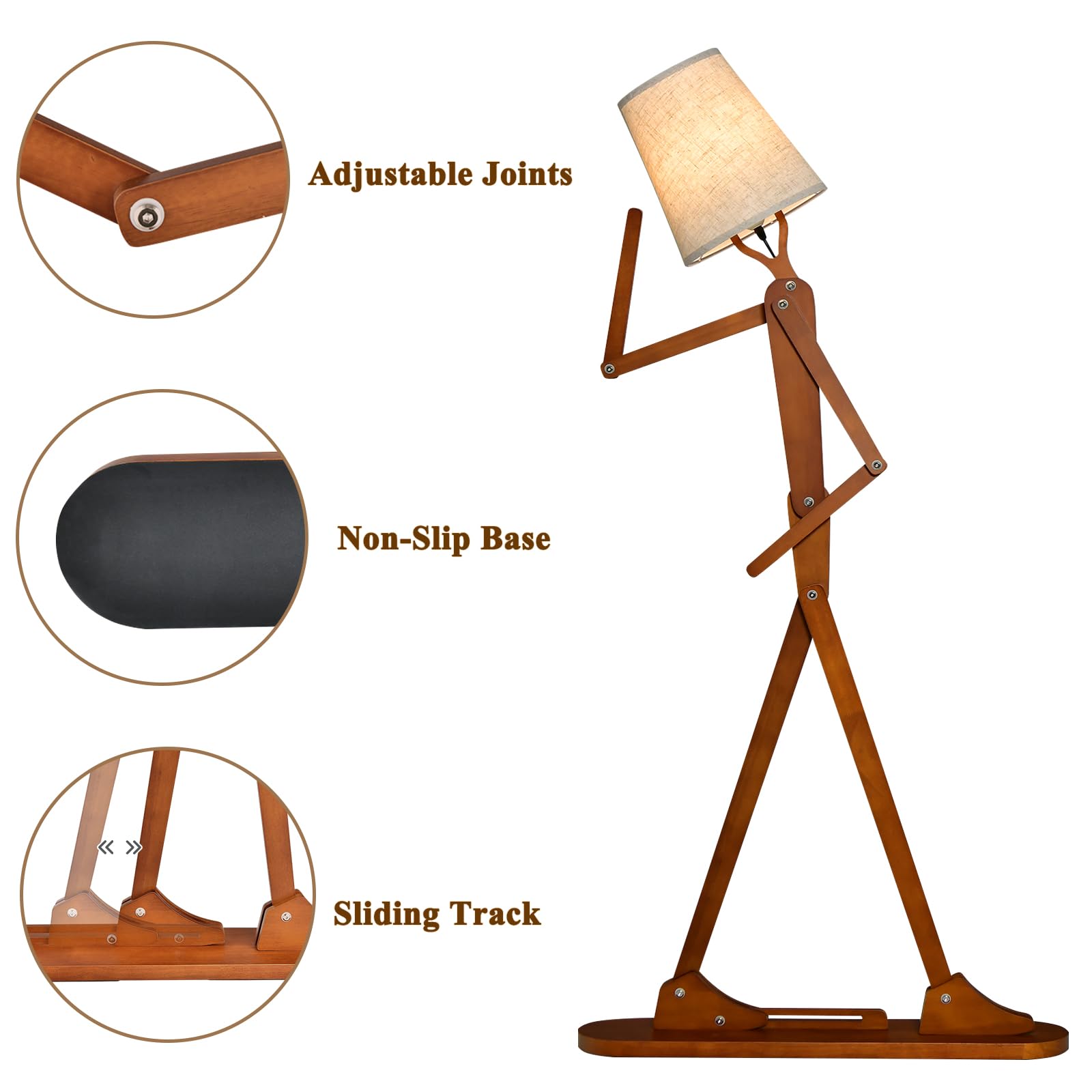 HOMASIS Lámpara de Pie Humanoide, Iluminación creativa y decorativa de madera, Postura intercambiable con articulaciones ajustables, Lámpara suelo para salón, dormitorio, 160cm de Altura (Marrón 2)