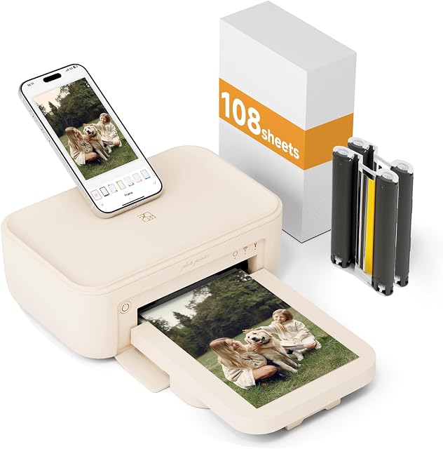 Photo Printer 4×6”, Wi-Fi Full-Color Instant Phone Phtoto Printer for iPhone, Android, Smartphone, Thermal Dye-Sublimation Impresora De Fotos for Home Use, + 108 Sheets Photo Paper & 2 Cartridge