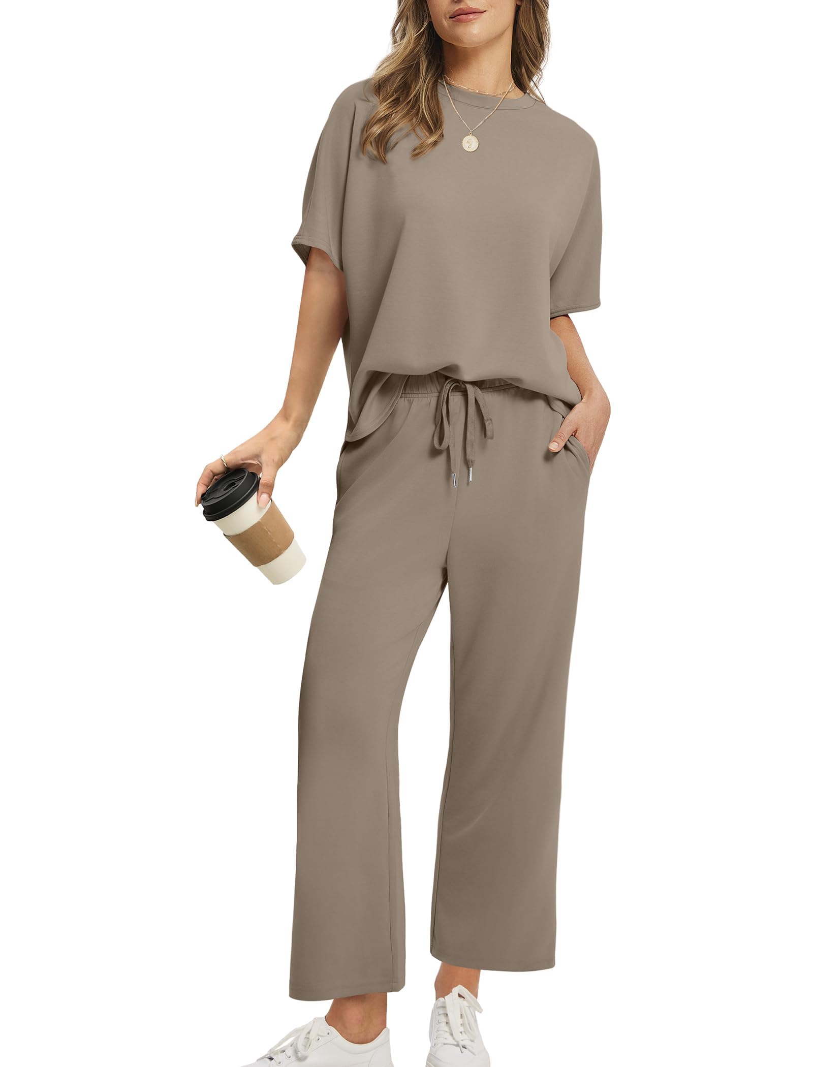 Desol Zweiteiler Damen Sommer Outfits, Trainingsanzug Sets Kurzarm Oberteil & Jogginghosen, Weites Bein Caprihosen für Freizeit & Hausgebrauch & Reisen