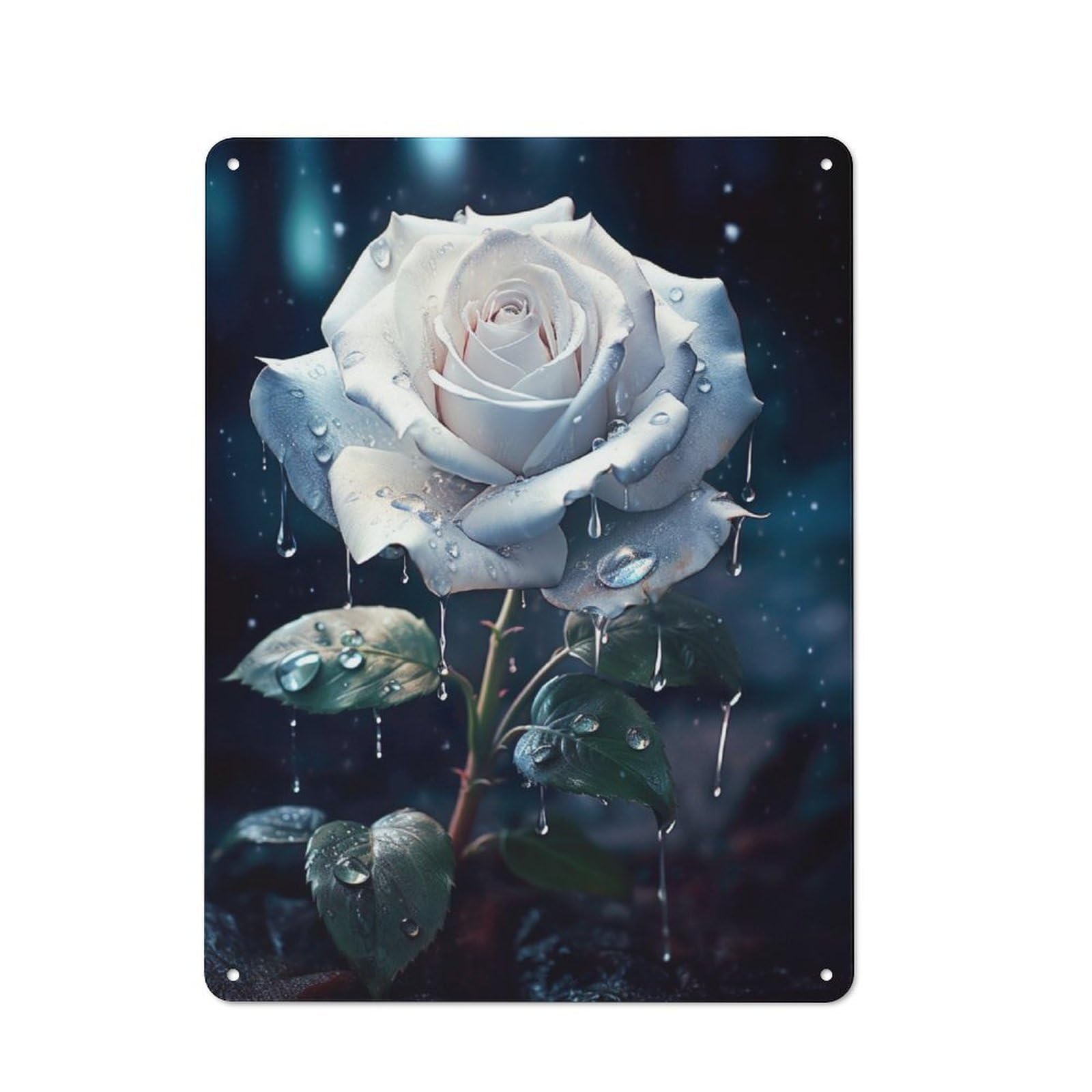 Junmoney Rainy White Rose Flower Tin Sign 40X30cm For Café Or Home Bar, Rustic Wall Decor, For Garage, Workshop And Man Cave Decoration