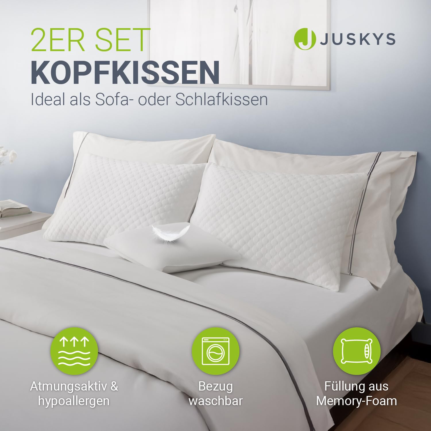 Juskys Poduszka 40 x 60 cm do łóżka – zestaw 2 poduszek z wypełnieniem z pianki memory – wypełnienie oddychające – poszewka nadaje się do prania – biała
