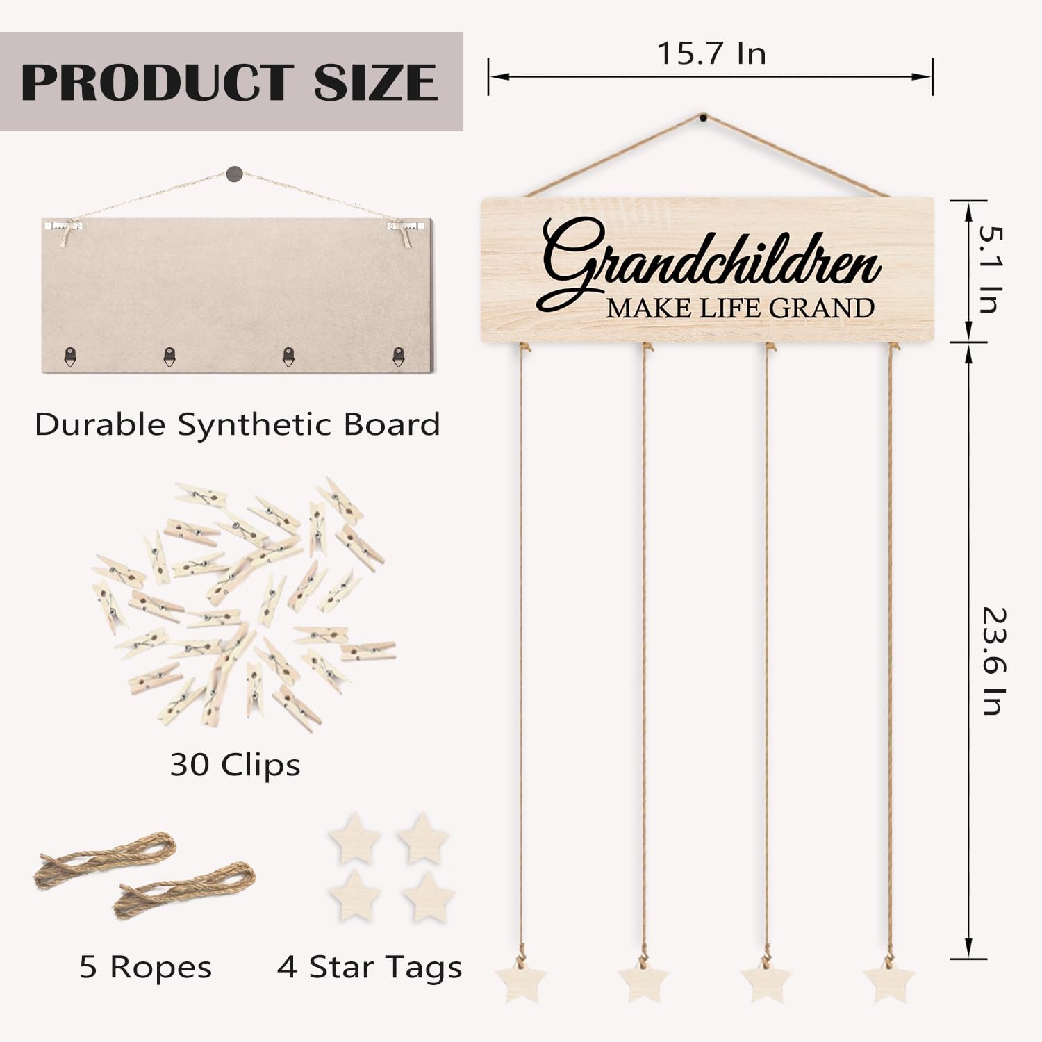 Grandma Gifts Photo Frame,Grandchildren Make Life Grand Picture Frame, Rustic Farmhouse Wood Hanging Collage Photo Frame with 30 Clips, Wall or Tabletop Decor, Birthday Gifts for Grandma - Image 5