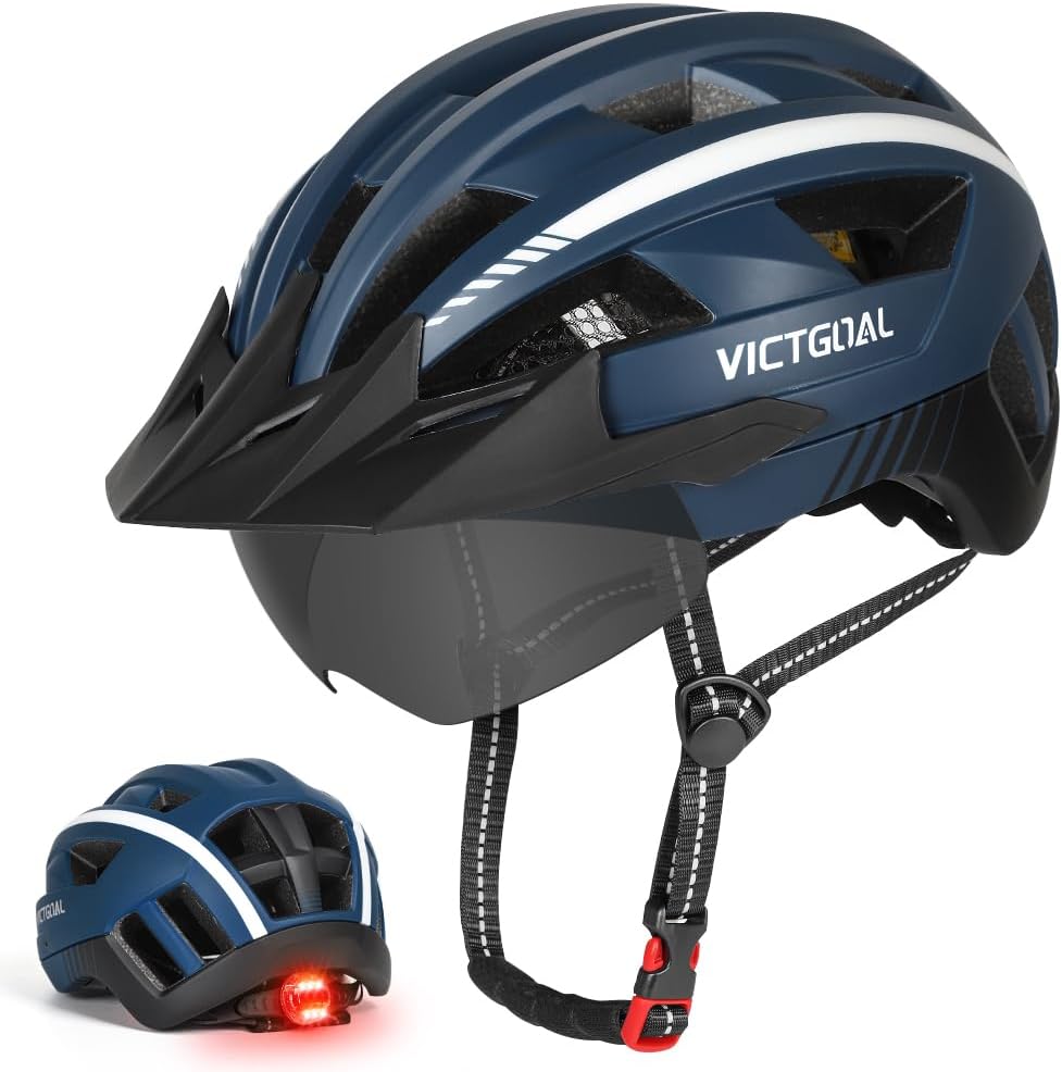 Bike Helmet for Men Women with Led Light Detachable Magnetic Goggles Visor Mountain & Road Bicycle Helmets Adjustable Size Adult Cycling Helmets