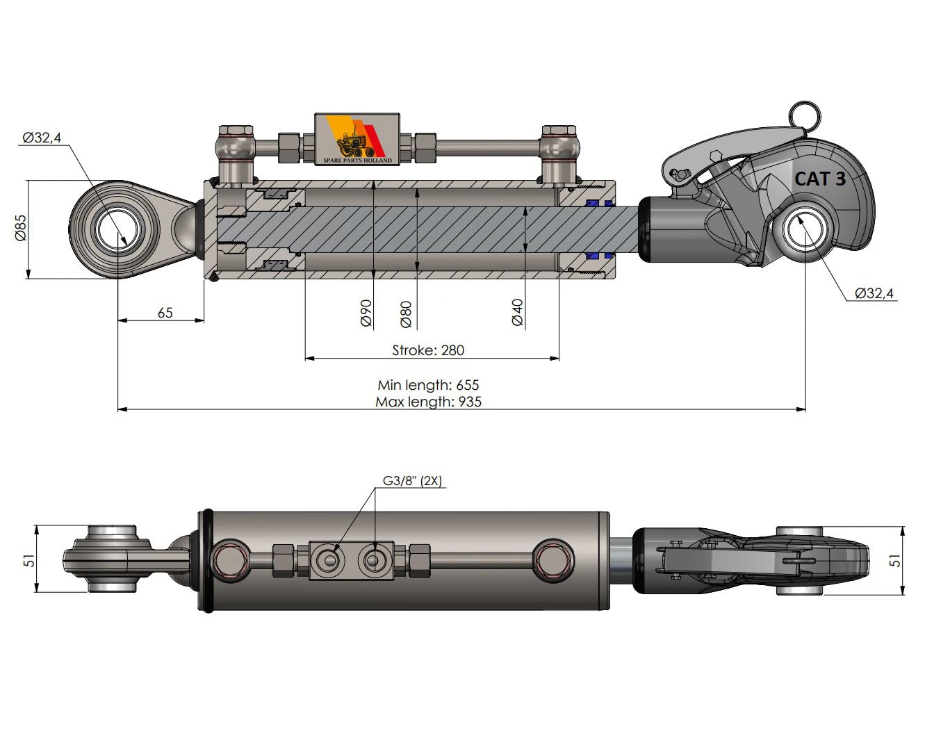 Hydraulischer Oberlenker Kat 3 - Ø32,4 (655-935 mm) mit Fanghaken, Sperrblock und 2 Släuchen