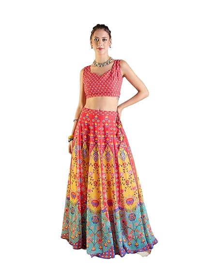 Women's Designer Printed Ready to Wear Lehenga With Blouse (Free Size_Multicolor)