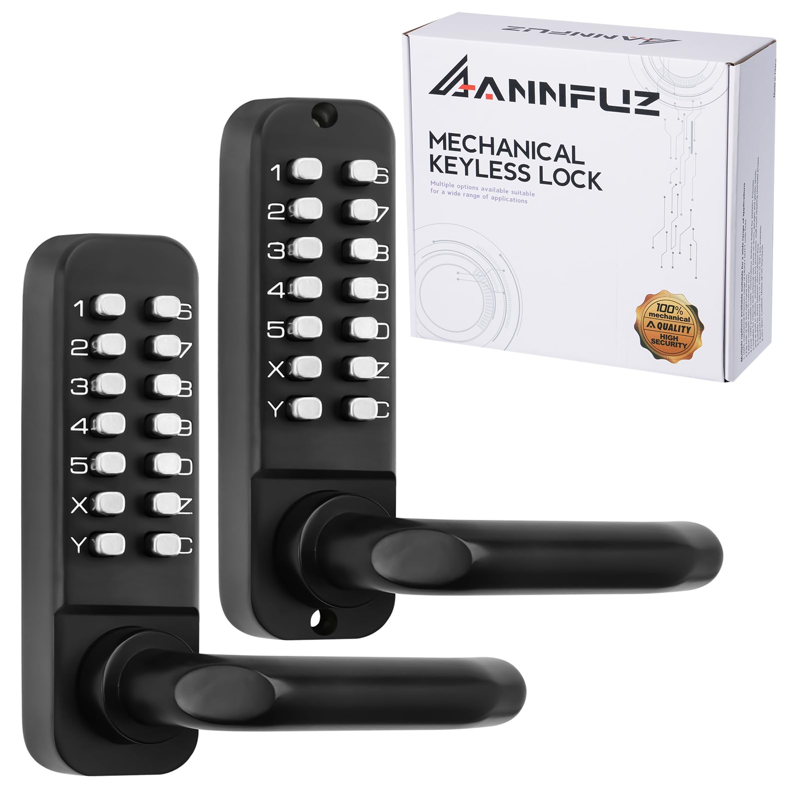 Annfuz Matte Black Double-Sided Digital Code Keyless Entry Door Lock With Handle,Mechanical Keypad Door Lever,Push Button Combination Lock Set,Gate Lock For Outdoor Fences,Garden,No Battery (Matte Black)