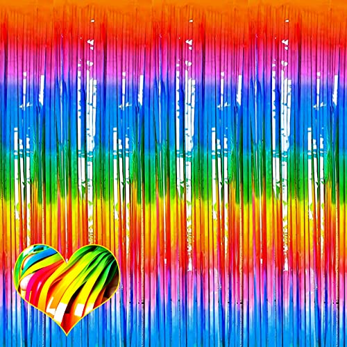 Image of 4 Pack Dark Rainbow Fringe Curtain Backdrop, 3.2Ft x 9.8Ft Metallic Tinsel Foil Fringe Streamers Background for Photo Booth Birthday Wedding Baby Shower Carnival Easter Mother's Day Party Decorations