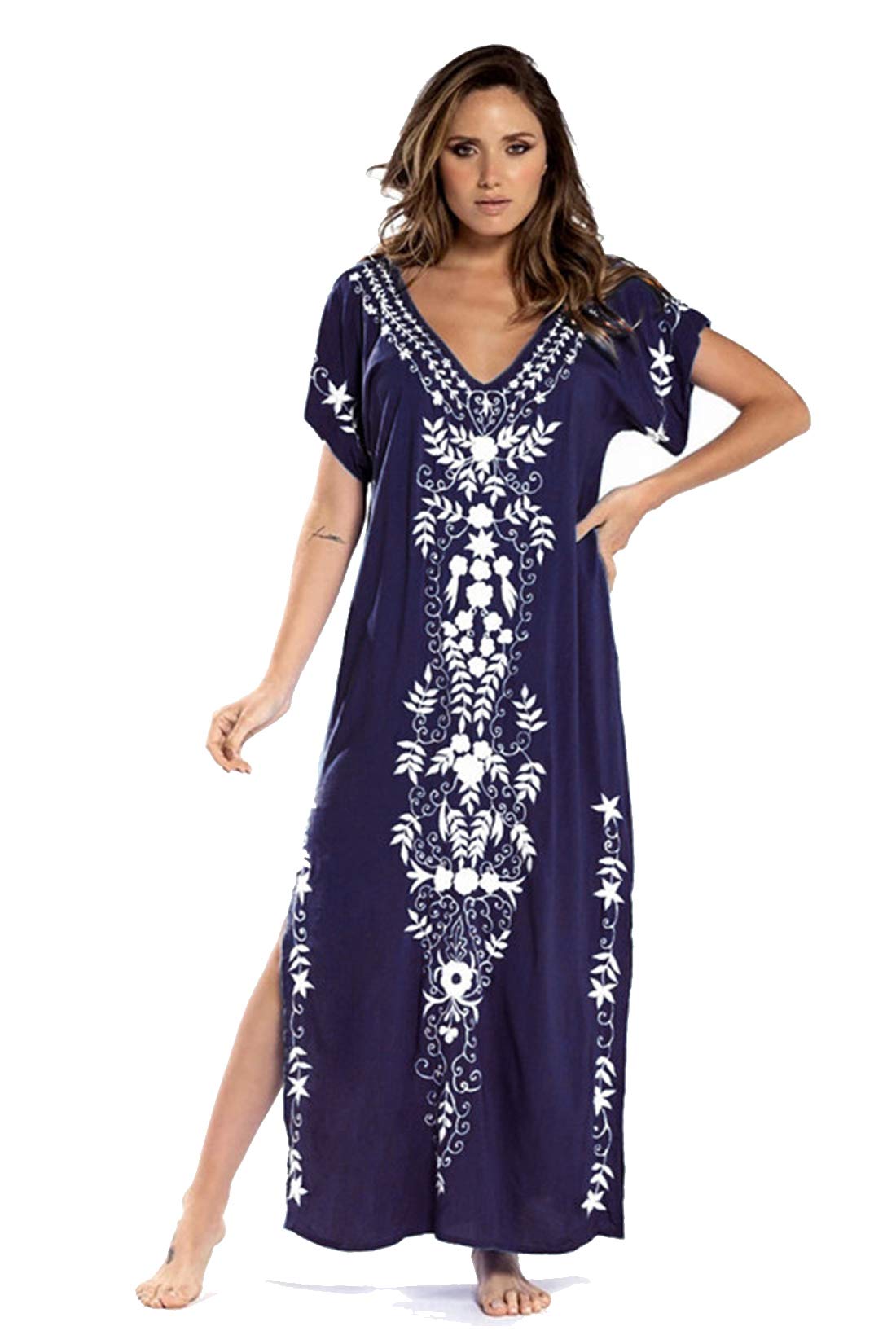 Youlity Women's A-Dark Blue Maxi Kaftan Dress Long Kimono Floral Embroidery Summer Beach Dress Bikini Cover Up Tunic Caftan Loungewear Robe Gown Nightdress (A-Dark Blue)