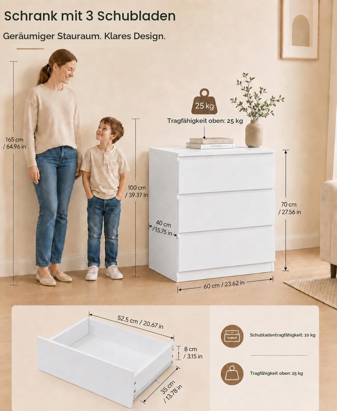 Kommode mit Schubladen, Nachttisch Weiß 60 x 40 x 70 cm, Beistelltisch Klein, Schubladenschrank für Schlafzimmer, Wohnzimmer Kommode, Flur Kommode, Kleiner Schrank