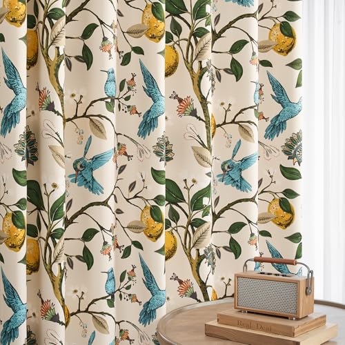 Image of Beige Kitchen Tier Curtains 36 Inches Long,Botanical Floral Lemon & Hummingbird Pinch Pleated Half Window Drapes Room Darkening for Kitchen RV Cafe Basement Bathroom Dining Room,2 Panels