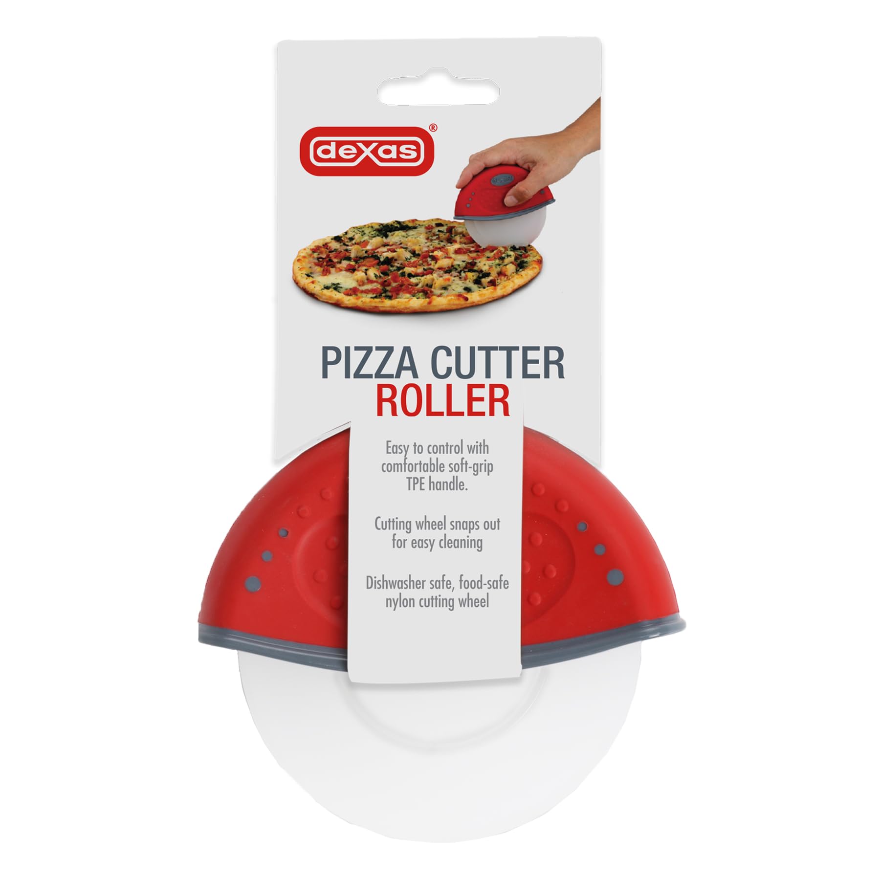 DEXAS One-Handed, Handheld Rolling Pizza Cutter, Red: Effortless Precision with 4-Inch Nylon Wheel for Pizza and More!