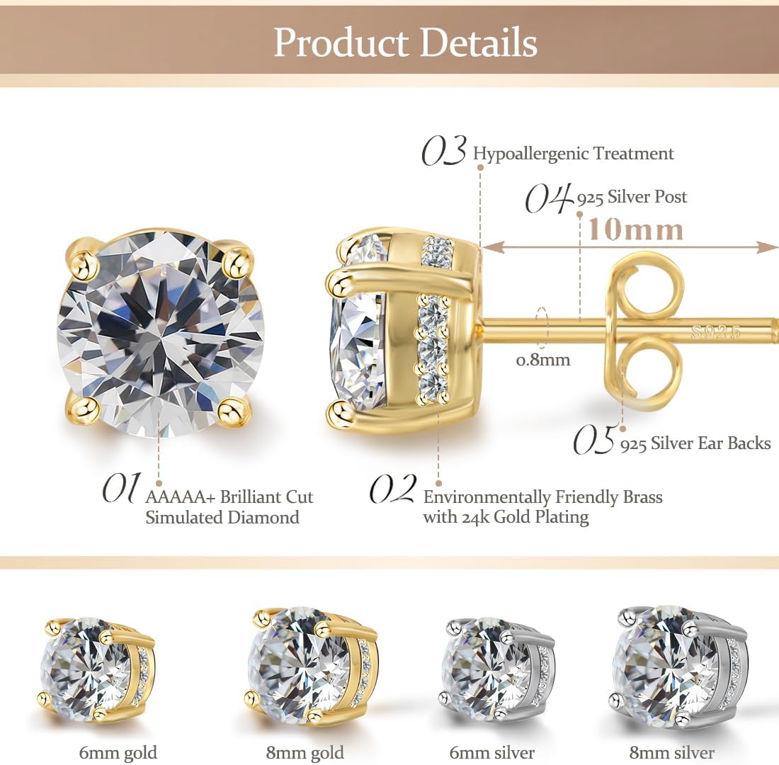 Hypoallergenic Cubic Zirconia Stud Earrings for Women & Men 24K Gold Plated Sterling Silver Post, Big Brilliant CZ Simulated Diamond Halo Studs Sensitive Ear Friendly Fashion Jewelry Gift (SE-30F) - Image 2