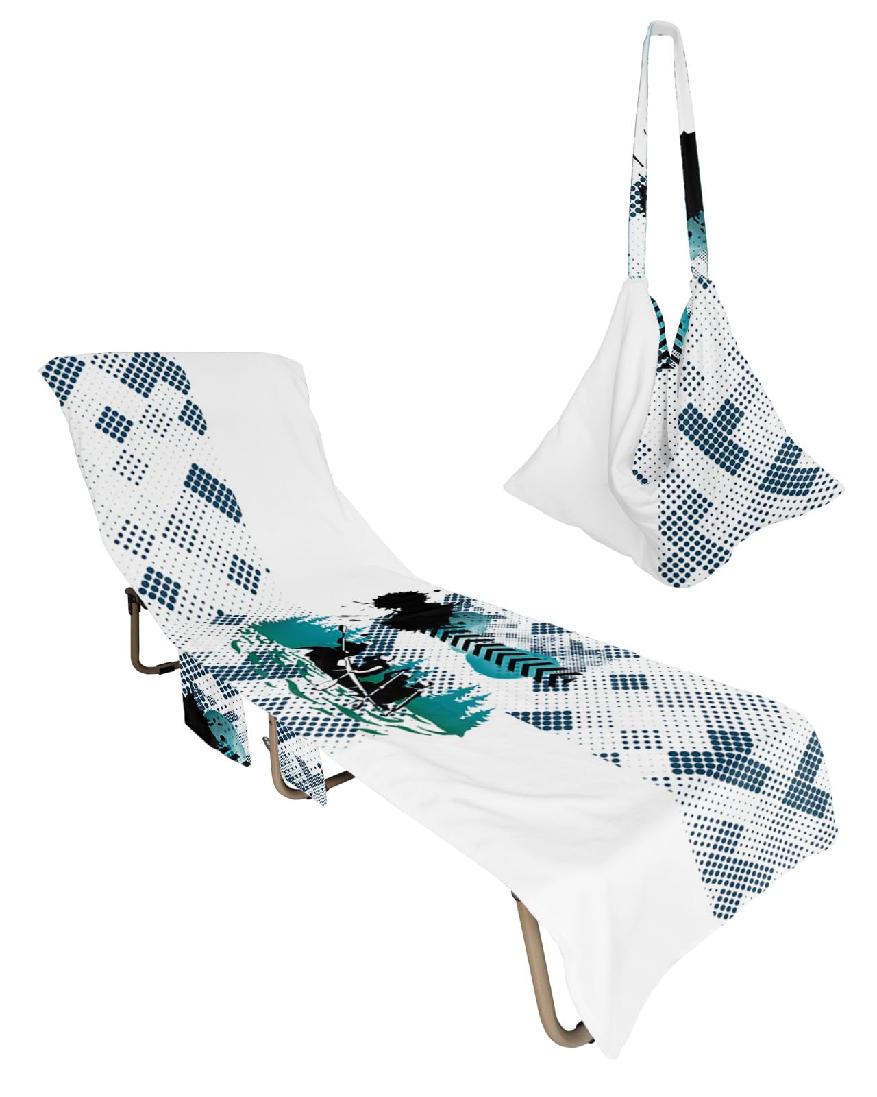 Rowers Beach Lounge Chair Towel Cover, Soft Chaise Lounge Towel with Side Pockets Patio Pool Chairs Cover for Beach/Pool Sunbathing 29x85 Teal Black Geometric Modern Abstract Art