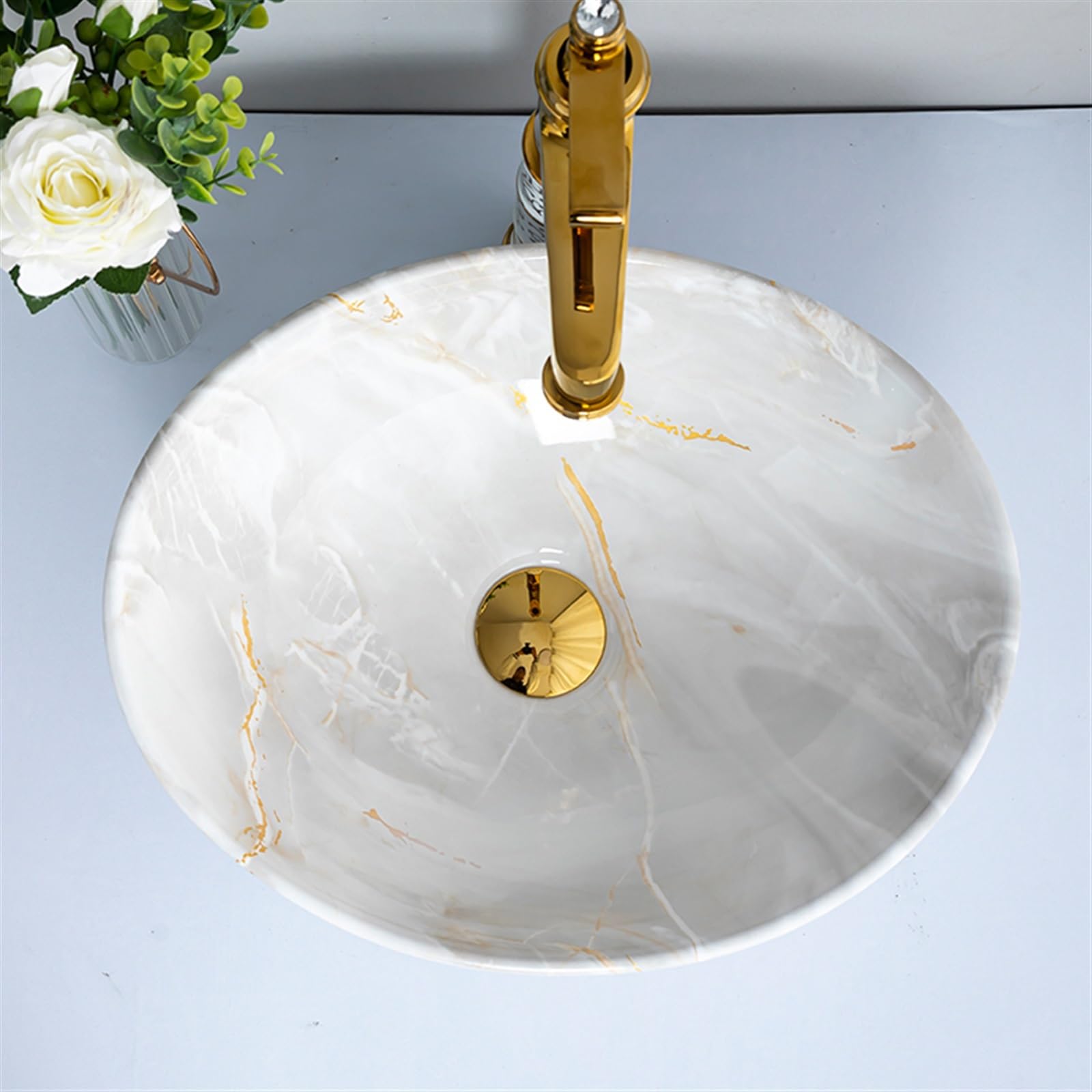Lavabo de tocador Art Basin Lavabos de baño pequeños, Lavabo con encimera de cerámica con Textura de mármol de imitación, Lavabo con Accesorios Lavabo de baño