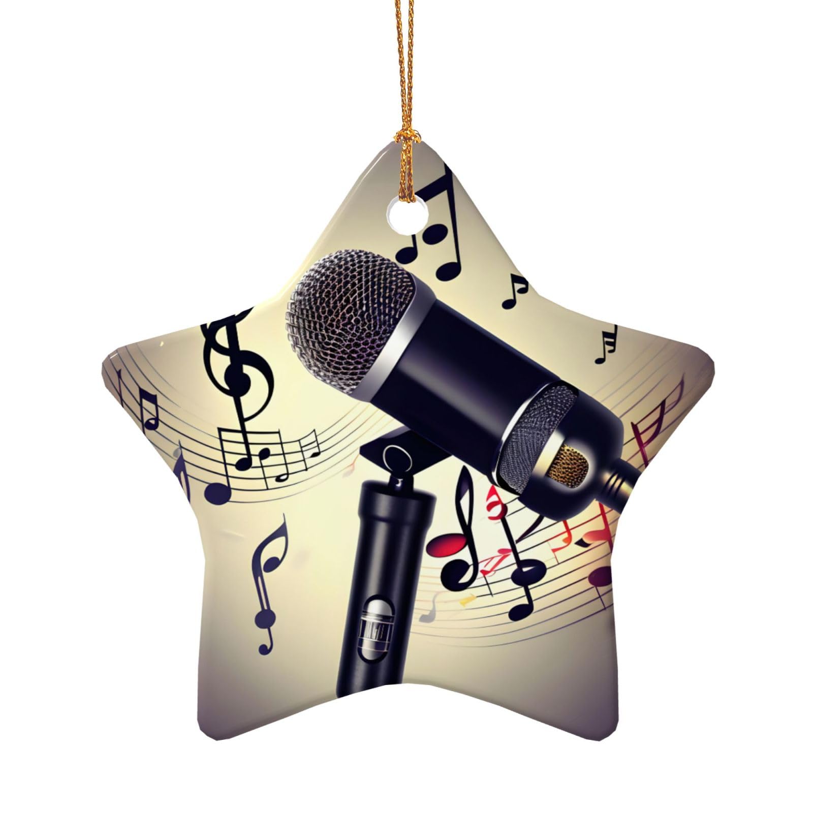 Microphone With Music Note Print Christmas Tree Hanging Ornament, Ceramic Star And Heart Pendant For Xmas Tree Holiday Decor