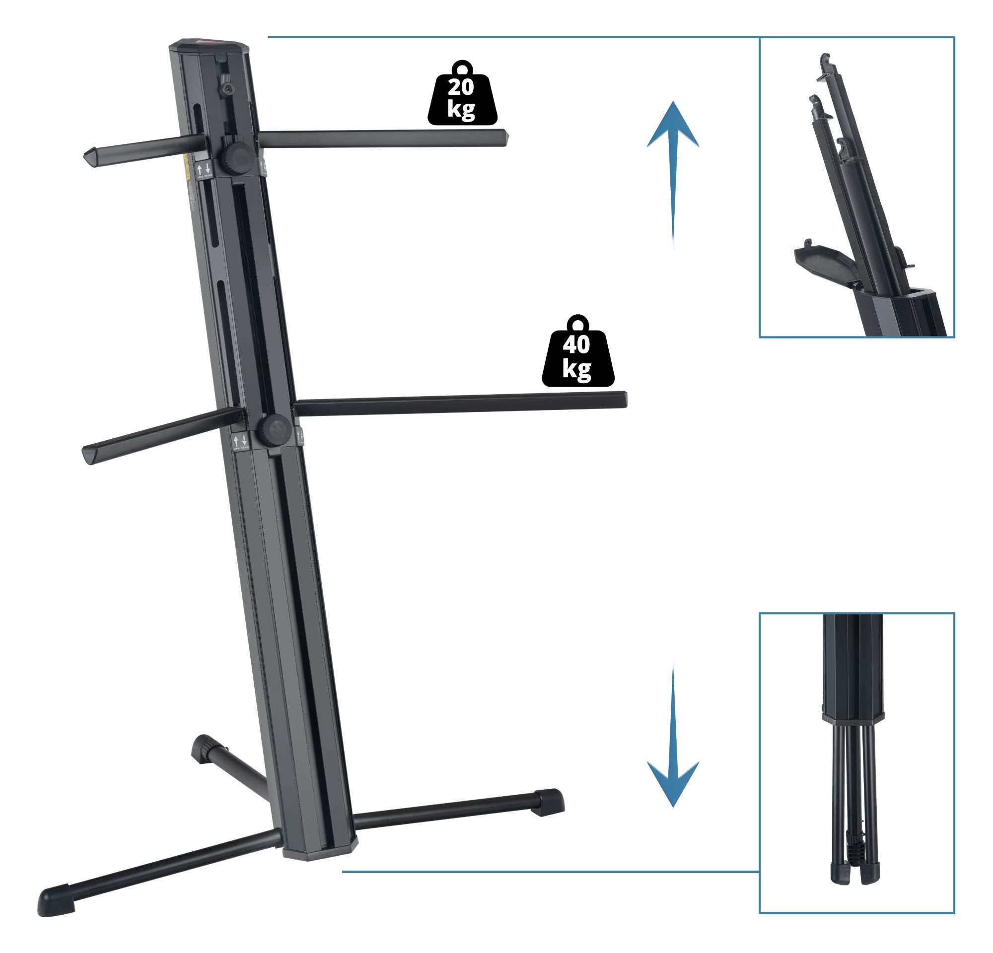 Classic Cantabile Supporto Tastiera KS-150 Nero - Due Livelli - Bracci di Supporto Riponibili nel Montante - Regolazione Altezza Continua - Porta Microfono con Filettatura 3/8" - Nero