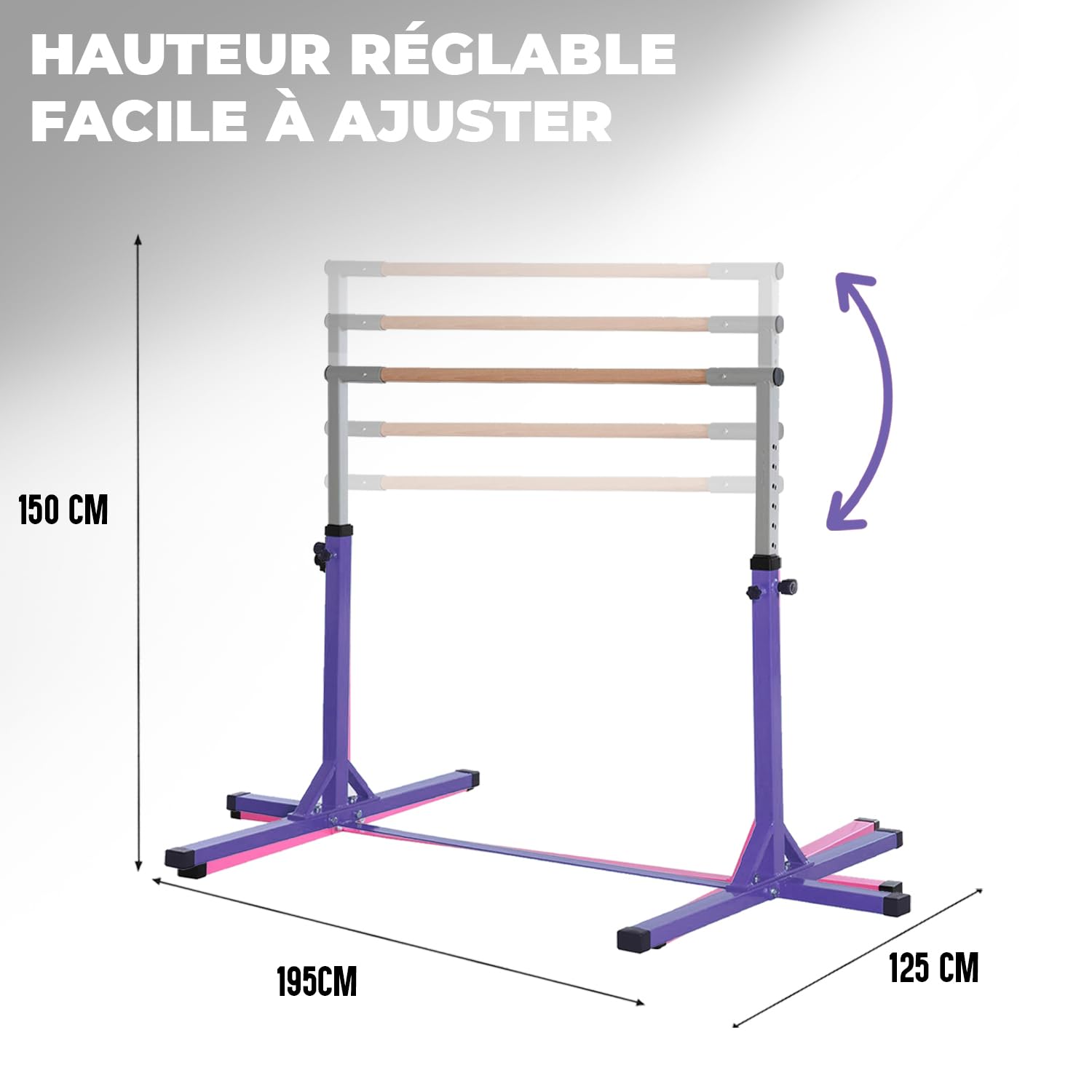 Gym Bar® Barre Gymnastique Enfant Violette + Anneaux Gym Roses | 13 Niveaux Ajustables 90-150 cm | Acier et Bois Hêtre | Sangles Réglables Antidérapantes | Fitness Intérieur Extérieur | Aerobik