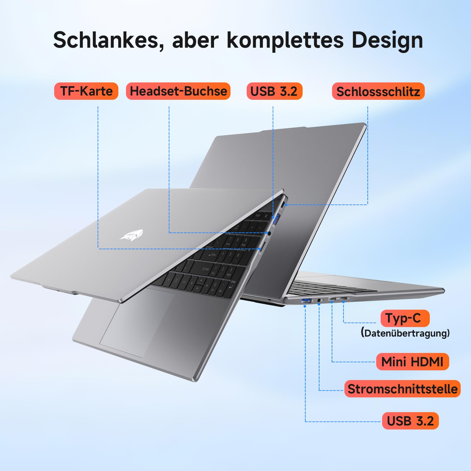 BMAX Laptop 15.6" Full HD Display Intel N95 bis zu 3.4GHz 16GB RAM 512GB SSD Win 11 Notebook Computer USB 3.2x2, WiFi, BT5.0, 180° Öffnen und Schließen, Business, Deutsche Tastaturschutzfolie