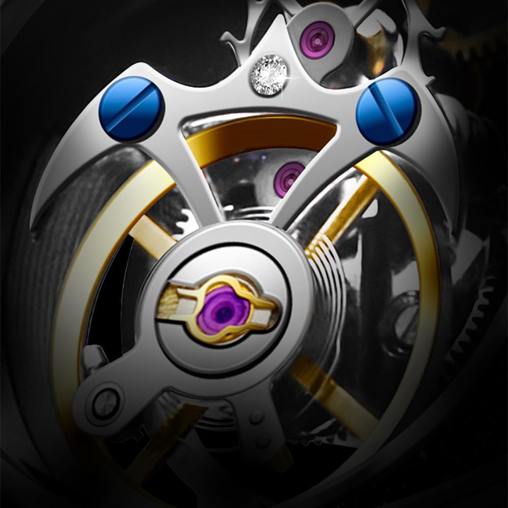 Tourbillon - Reloj mecánico de cuerda para hombre, diseño de esqueleto, impermeable, reloj de pulsera de negocios de zafiro, doble cara, hueco, patrón chino, significado rico y respetuoso