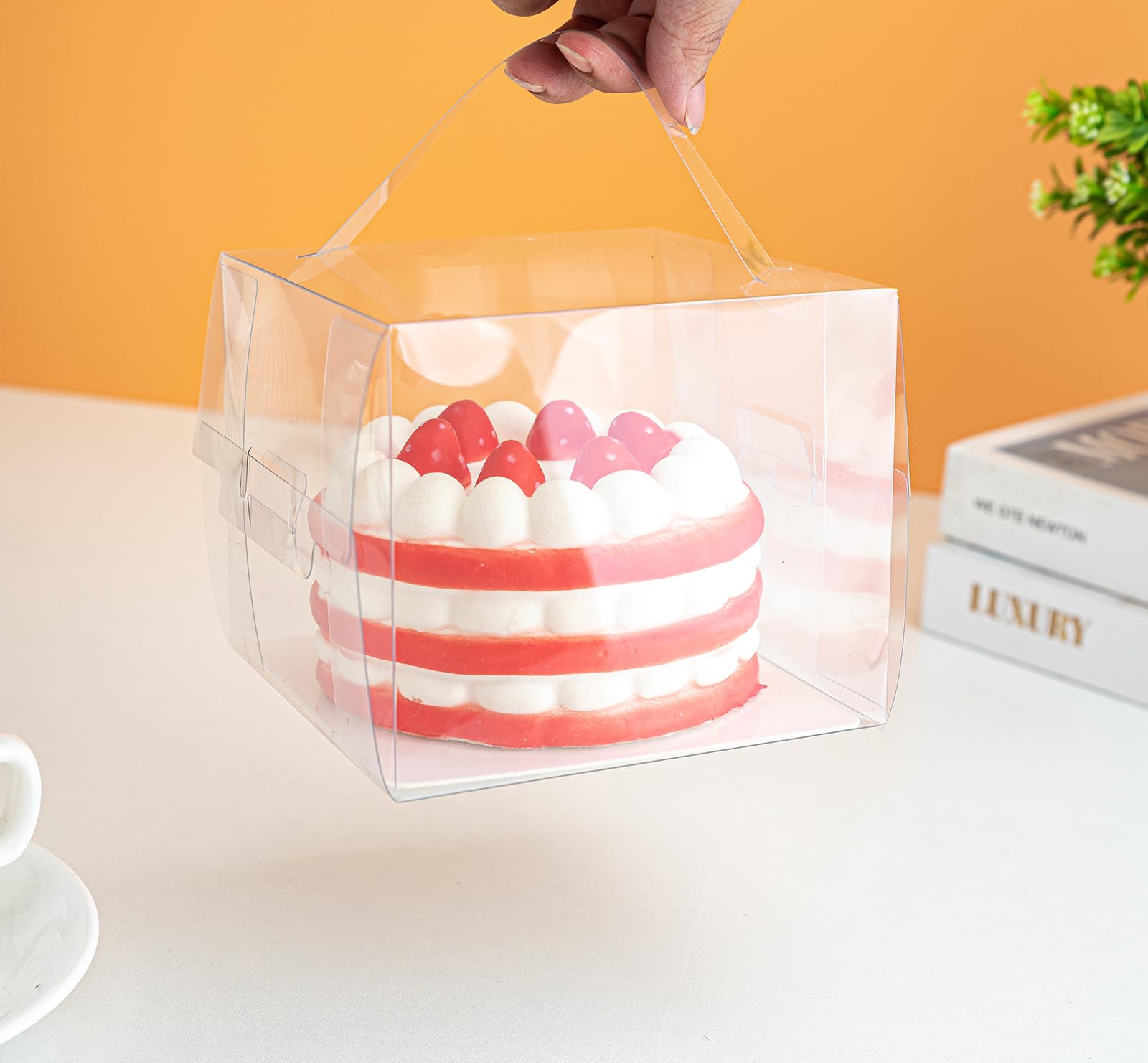 25 cajas transparentes para tartas, cajas de panadería de 5 x 5 x 4 pulgadas con asa y placa de soporte de papel, cajas de recuerdo de fiesta, dulces de galletas de pastel, cajas de pastelería