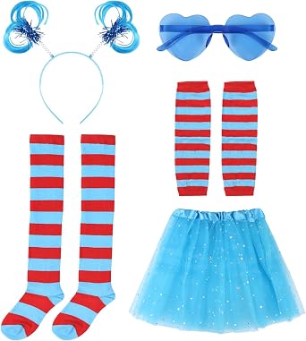 5 Pack Costume Cosplay Set Halloween Costume Accessories for Cosplay Party Include Striped Socks Stretchy Gloves Heart-Shaped Glasses Headband