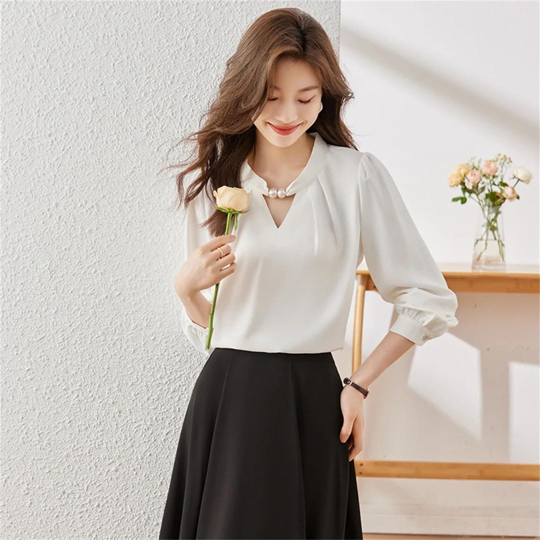 Blusa de gasa para mujer, manga larga, color liso, holgada, elegante