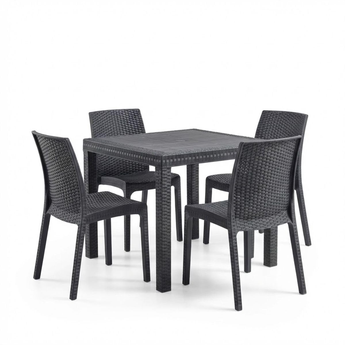 Tomaino - Set Tavolo e Sedie per Esterno in Plastica Effetto Rattan - Set Elba 1 Tavolo Quadrato con 4 Sedie Impilabili da Giardino, Terrazzo, Balcone per Bar e Ristoranti